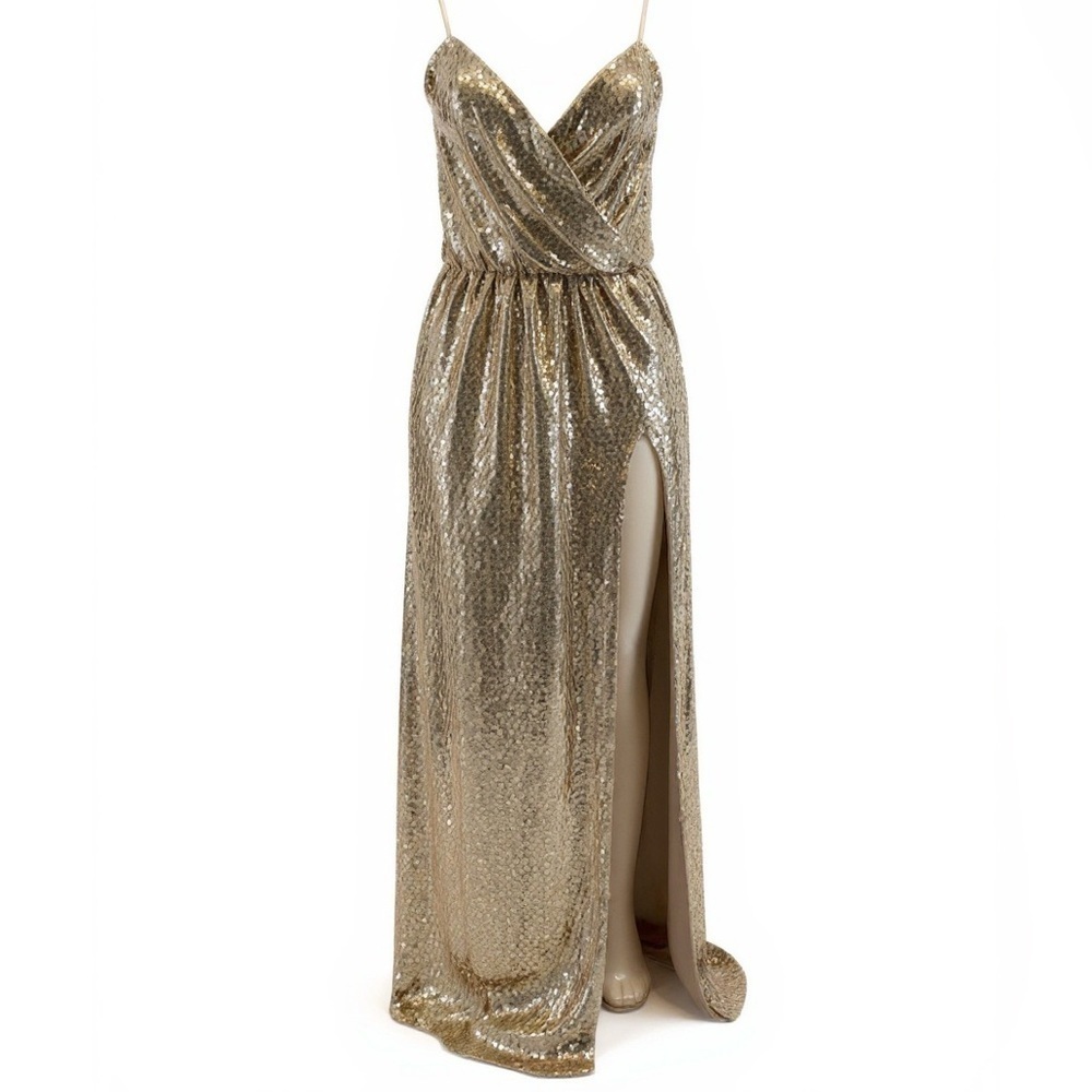 Jaide Size Small Gold Embellished Sequence Lined Gown With High Slit. Preloved